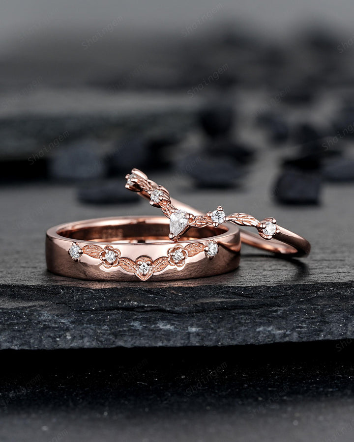 Engraved Leaf His and Hers Diamond Couple Ring Set: Rose Gold Moissanite Wedding Band, Engagement Promise Men's Women's Matching Band - ShainJewelry