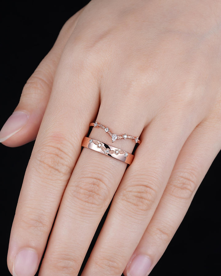 Engraved Leaf His and Hers Diamond Couple Ring Set: Rose Gold Moissanite Wedding Band, Engagement Promise Men's Women's Matching Band - ShainJewelry