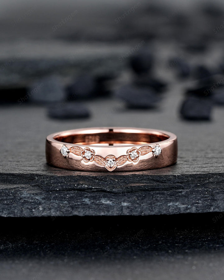 Engraved Leaf His and Hers Diamond Couple Ring Set: Rose Gold Moissanite Wedding Band, Engagement Promise Men's Women's Matching Band - ShainJewelry