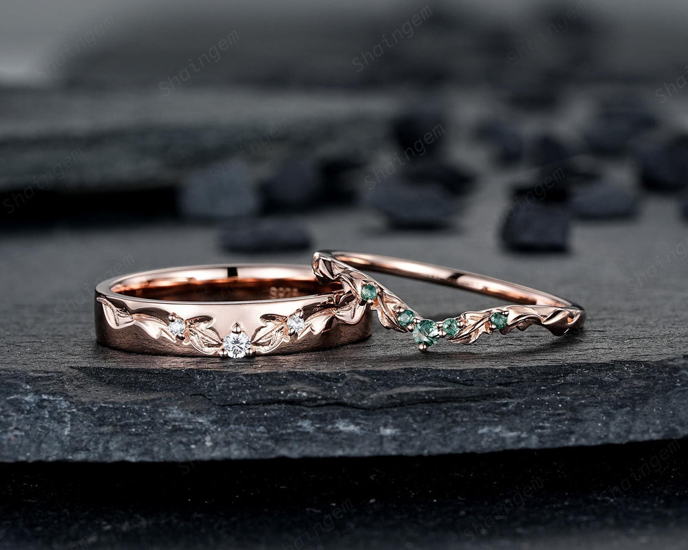Engraved Leaf His and Hers Couple Ring Set: Rose Gold Moss Agate Wedding Bands, Men & Women Matching Bands, Engagement Band 24K Gold Plated - ShainJewelry