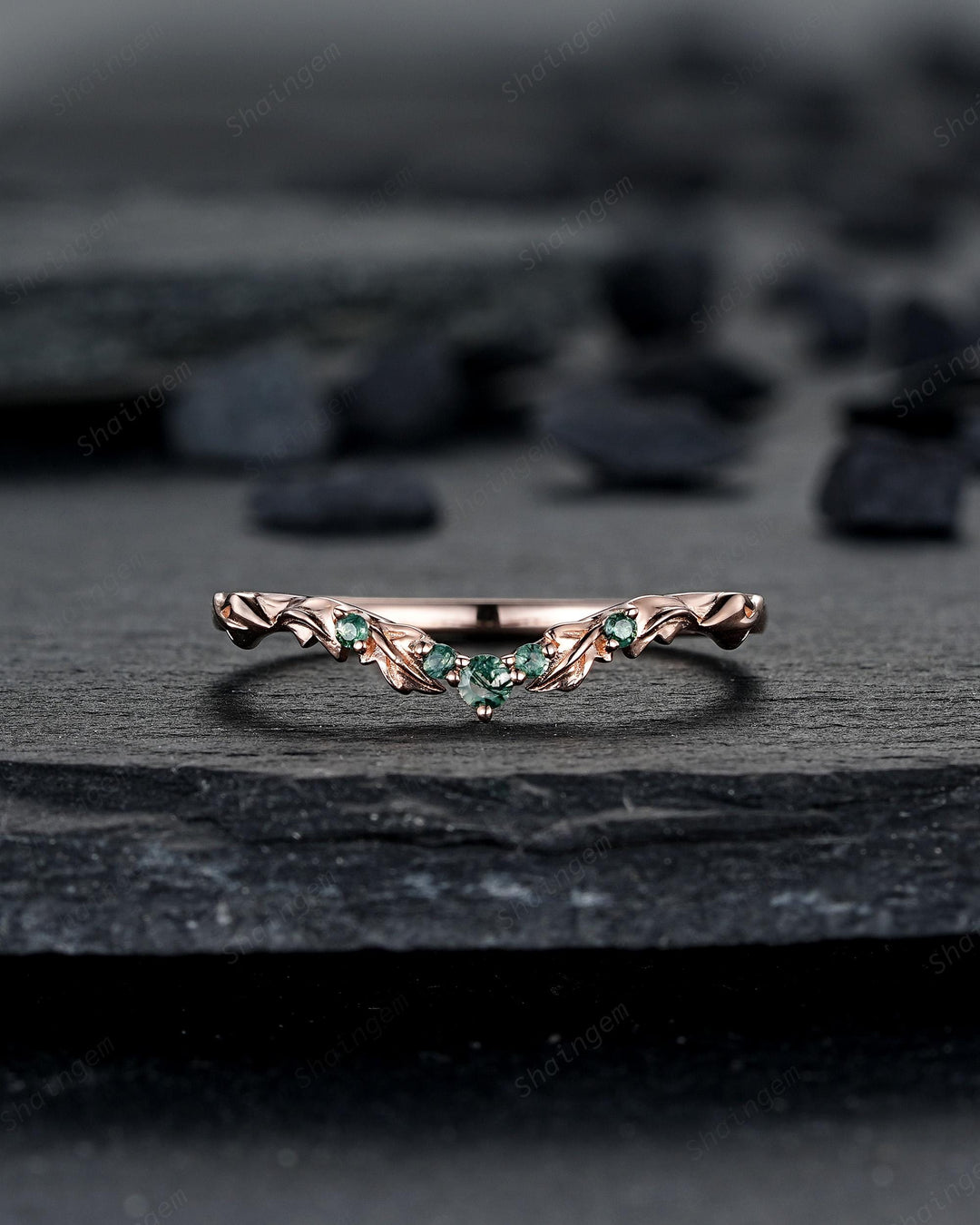 Engraved Leaf His and Hers Couple Ring Set: Rose Gold Moss Agate Wedding Bands, Men & Women Matching Bands, Engagement Band 24K Gold Plated - ShainJewelry
