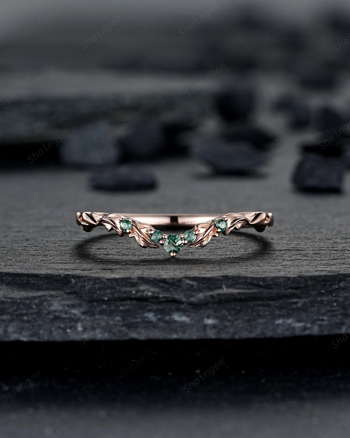 Engraved Leaf His and Hers Couple Ring Set: Rose Gold Moss Agate Wedding Bands, Men & Women Matching Bands, Engagement Band 24K Gold Plated - ShainJewelry