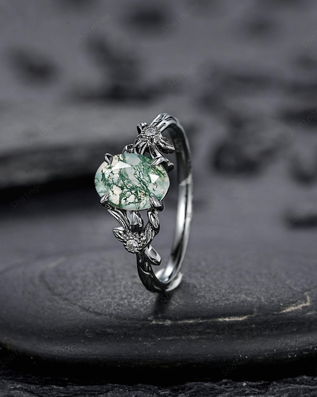 Gothic Oval Shape Moss Agate Black Leaf Engagement Ring, Black Rhodium Vine Promise Ring, Punk Dark Wedding Ring, Black Gold Ring for her - ShainJewelry