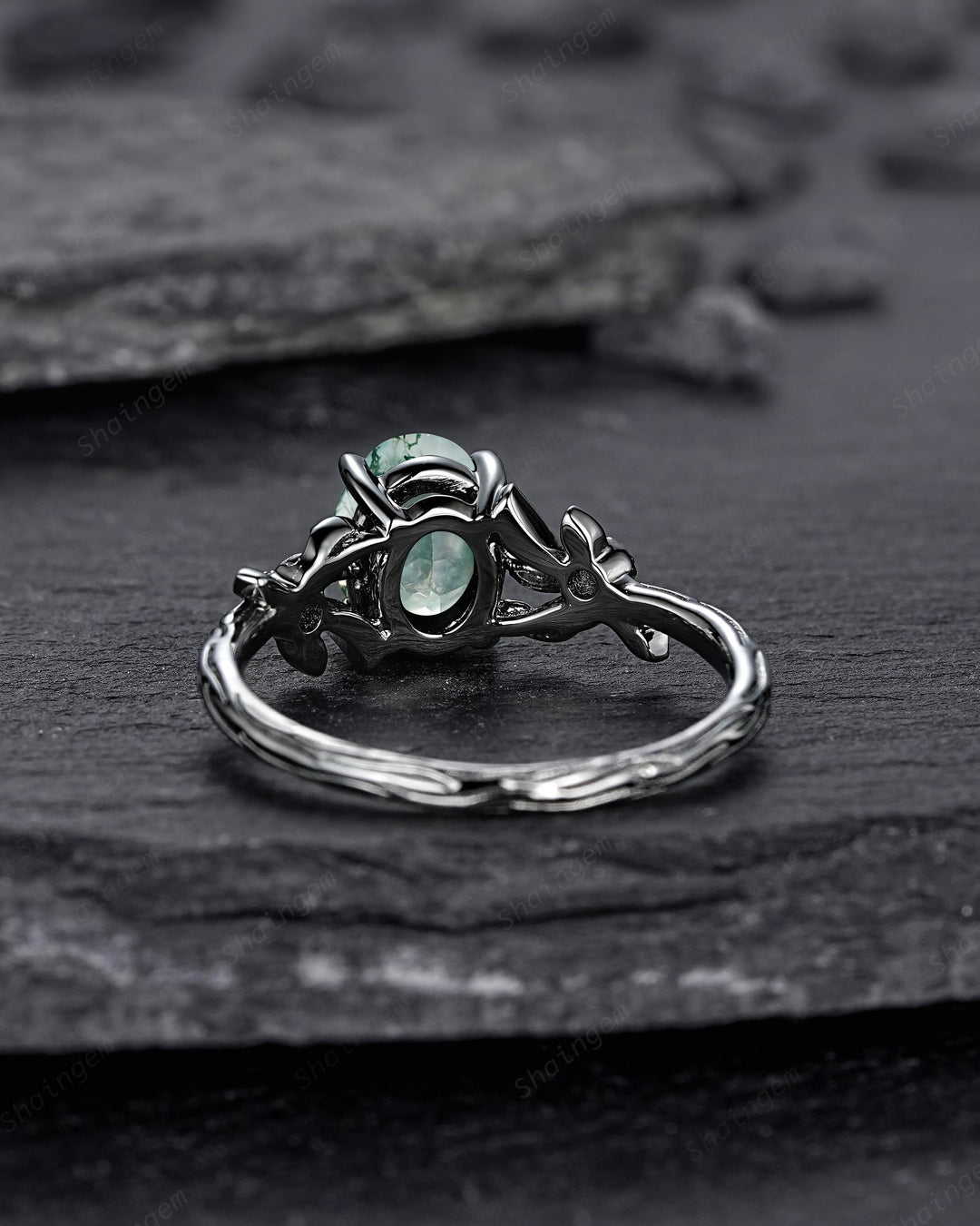 Gothic Oval Shape Moss Agate Black Leaf Engagement Ring, Black Rhodium Vine Promise Ring, Punk Dark Wedding Ring, Black Gold Ring for her - ShainJewelry