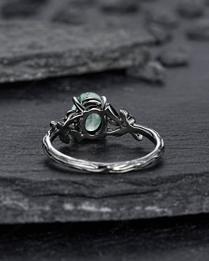 Gothic Oval Shape Moss Agate Black Leaf Engagement Ring, Black Rhodium Vine Promise Ring, Punk Dark Wedding Ring, Black Gold Ring for her - ShainJewelry