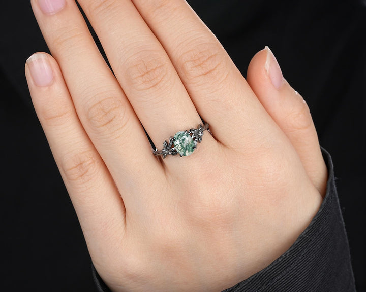 Gothic Oval Shape Moss Agate Black Leaf Engagement Ring, Black Rhodium Vine Promise Ring, Punk Dark Wedding Ring, Black Gold Ring for her - ShainJewelry