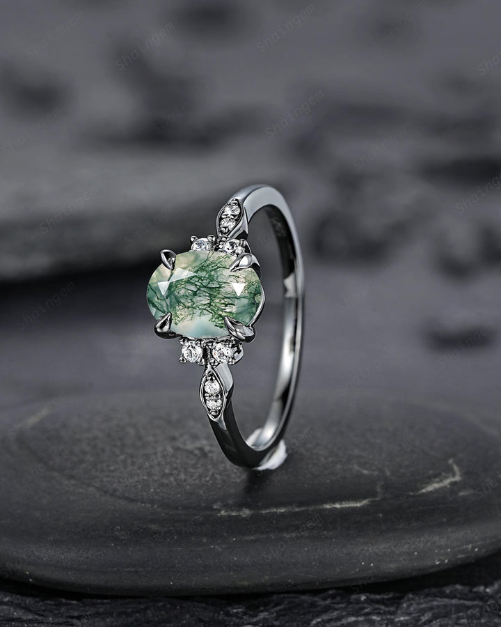 Gothic Oval Shape Moss Agate Engagement Ring, Black Rhodium Promise Ring, Punk Dark Wedding Ring, Black Gold Ring for Women - ShainJewelry