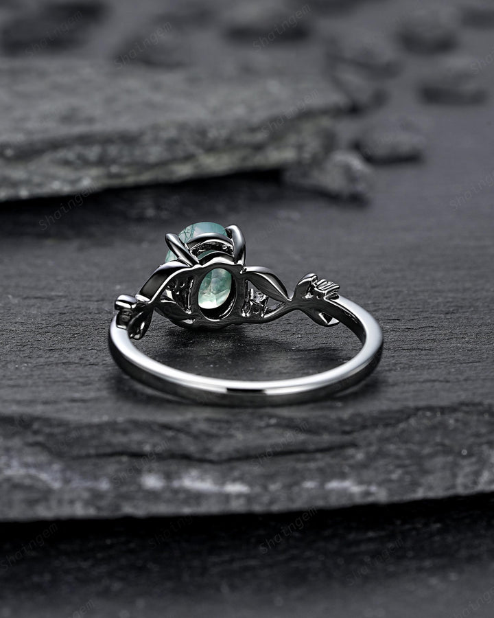 Gothic Oval Shape Moss Agate Engagement Ring, Black Rhodium Leaf Vine Promise Ring, Punk Dark Wedding Ring, Black Gold Twig Branch - ShainJewelry