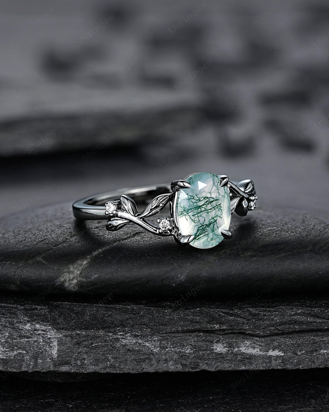 Gothic Oval Shape Moss Agate Engagement Ring, Black Rhodium Leaf Vine Promise Ring, Punk Dark Wedding Ring, Black Gold Twig Branch - ShainJewelry