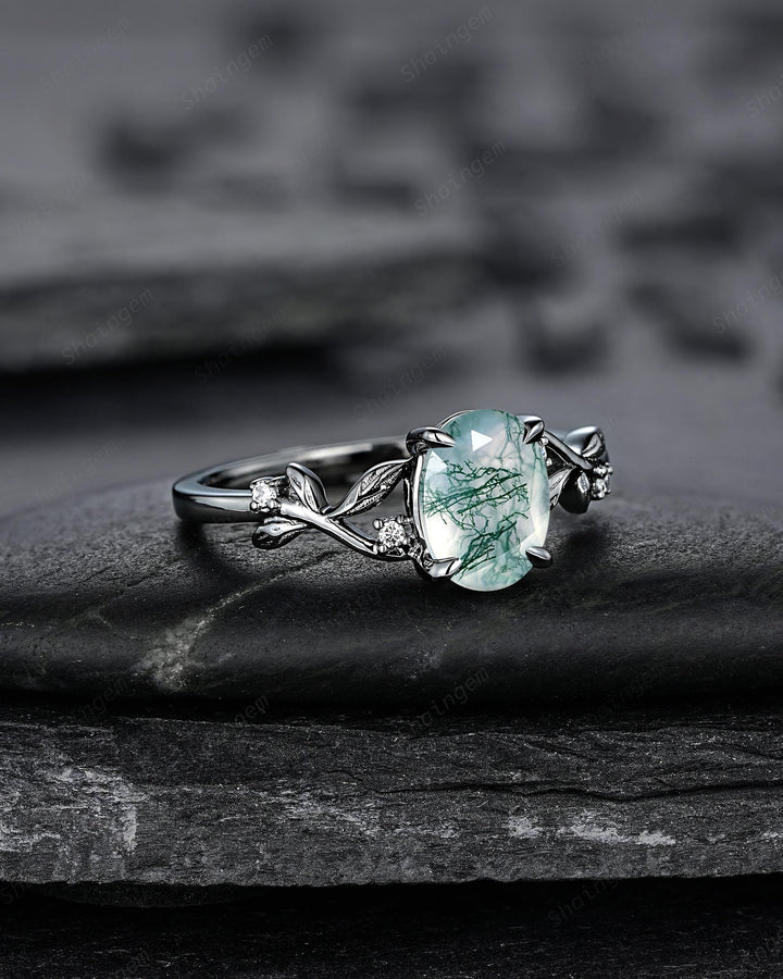 Gothic Oval Shape Moss Agate Engagement Ring, Black Rhodium Leaf Vine Promise Ring, Punk Dark Wedding Ring, Black Gold Twig Branch - ShainJewelry