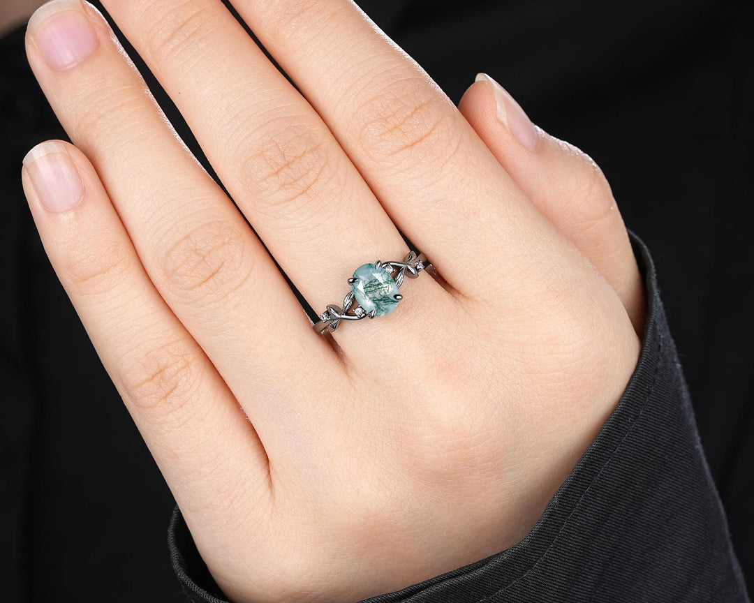 Gothic Oval Shape Moss Agate Engagement Ring, Black Rhodium Leaf Vine Promise Ring, Punk Dark Wedding Ring, Black Gold Twig Branch - ShainJewelry