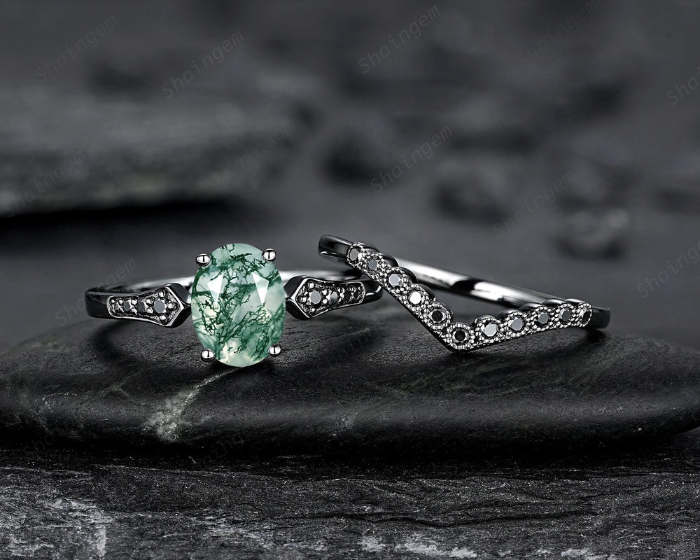 Oval Shape Moss Agate Engagement Ring Set, Gothic Black Rhodium Milgrain Promise Ring, Punk Wedding Ring, Black Gold Rings, V Shape Curved - ShainJewelry