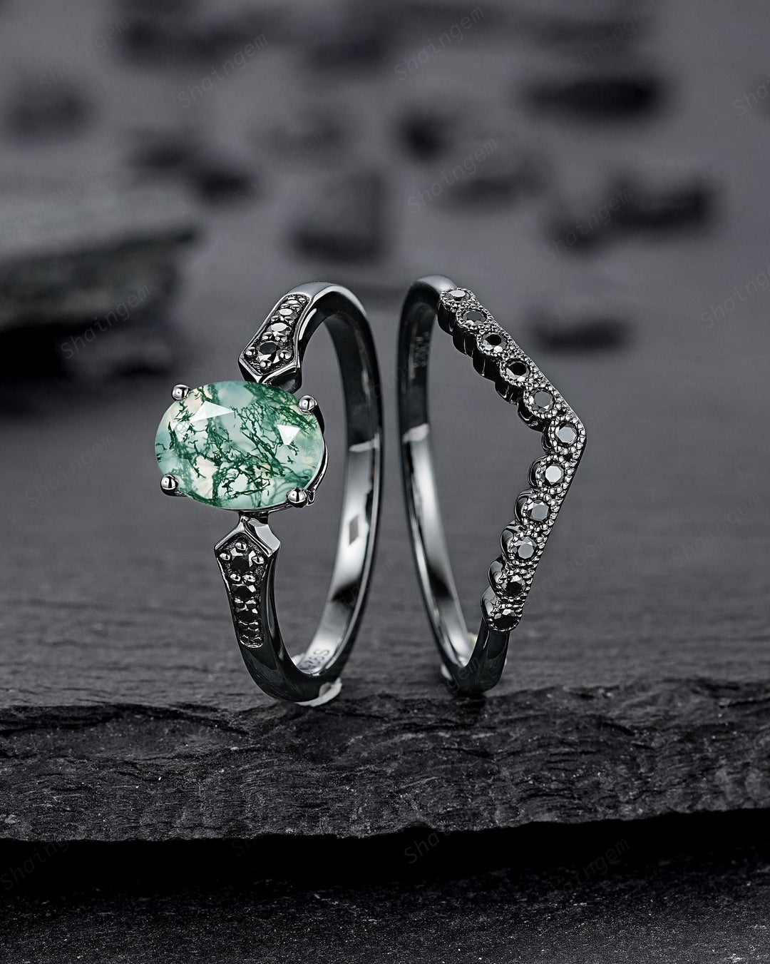 Oval Shape Moss Agate Engagement Ring Set, Gothic Black Rhodium Milgrain Promise Ring, Punk Wedding Ring, Black Gold Rings, V Shape Curved - ShainJewelry