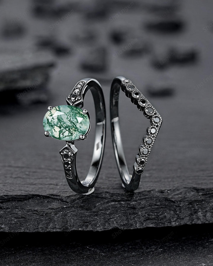 Oval Shape Moss Agate Engagement Ring Set, Gothic Black Rhodium Milgrain Promise Ring, Punk Wedding Ring, Black Gold Rings, V Shape Curved - ShainJewelry