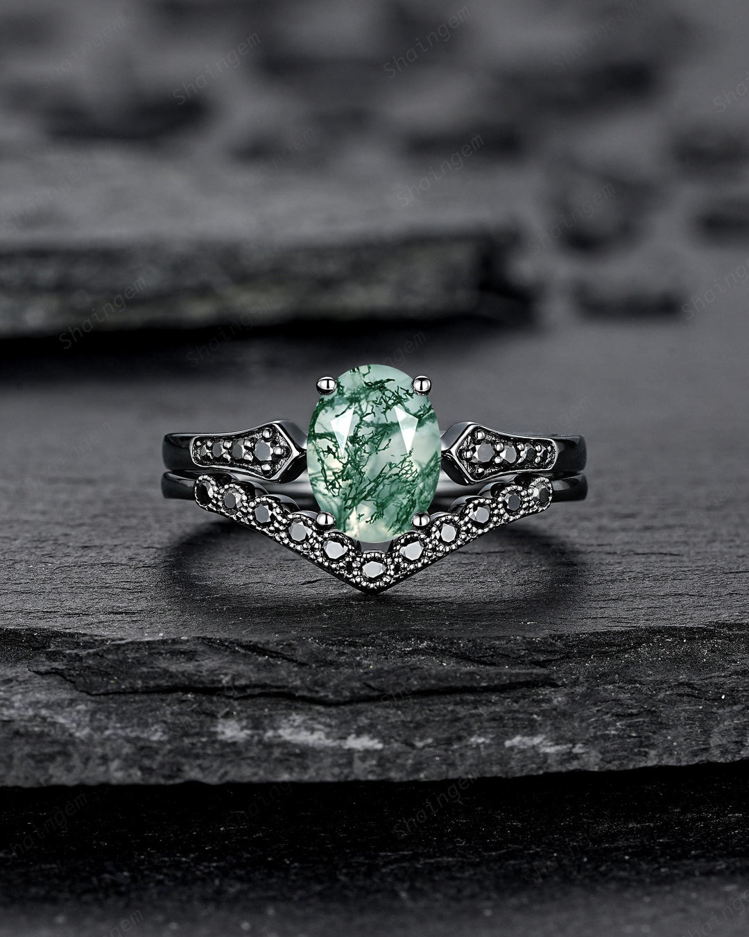Oval Shape Moss Agate Engagement Ring Set, Gothic Black Rhodium Milgrain Promise Ring, Punk Wedding Ring, Black Gold Rings, V Shape Curved - ShainJewelry
