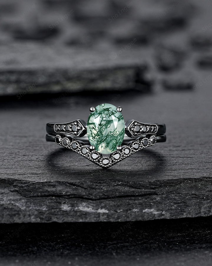 Oval Shape Moss Agate Engagement Ring Set, Gothic Black Rhodium Milgrain Promise Ring, Punk Wedding Ring, Black Gold Rings, V Shape Curved - ShainJewelry