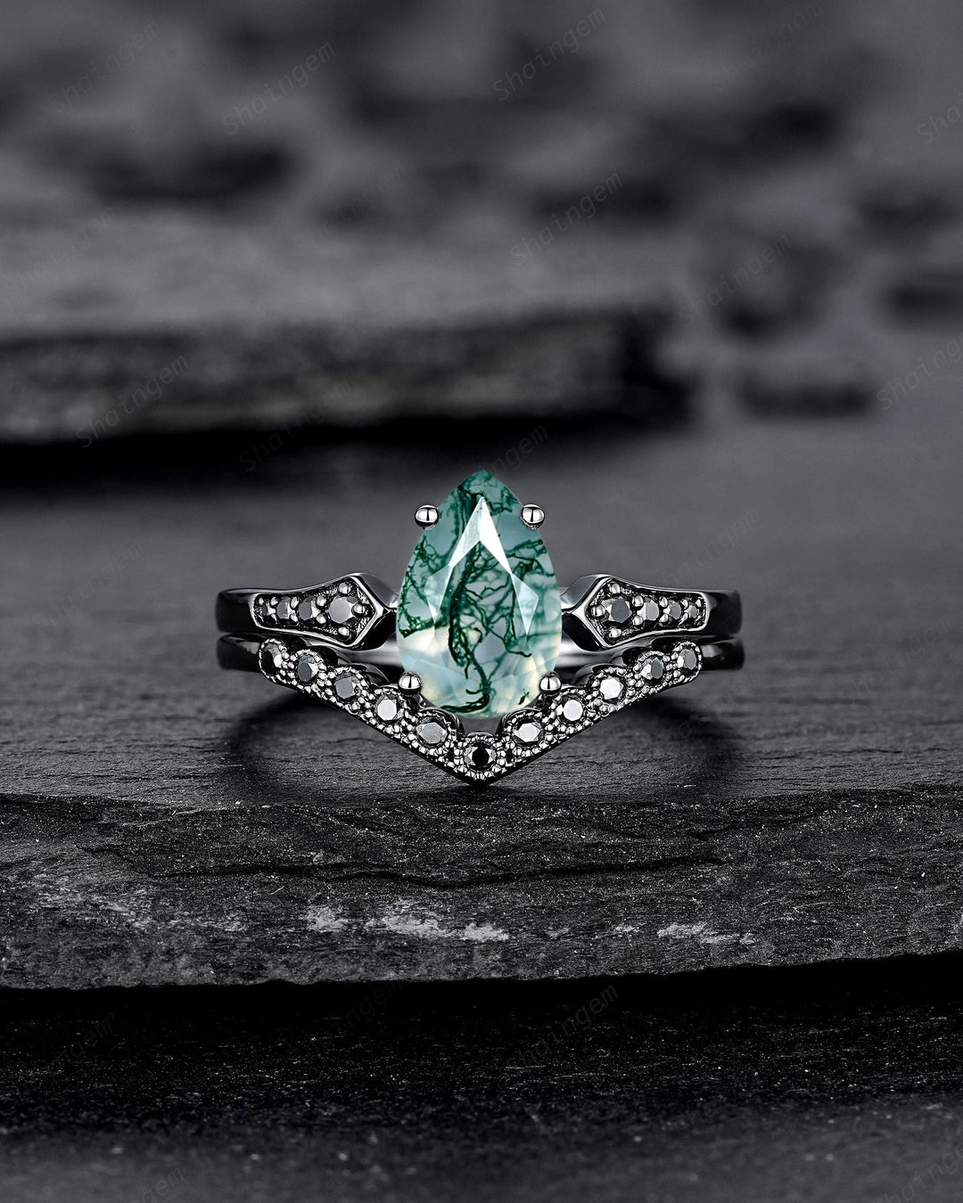 Pear Shape Moss Agate Engagement Ring Set, Gothic Black Rhodium Milgrain Promise Ring, Punk Wedding Ring, Black Gold Rings, V Shape Curved - ShainJewelry