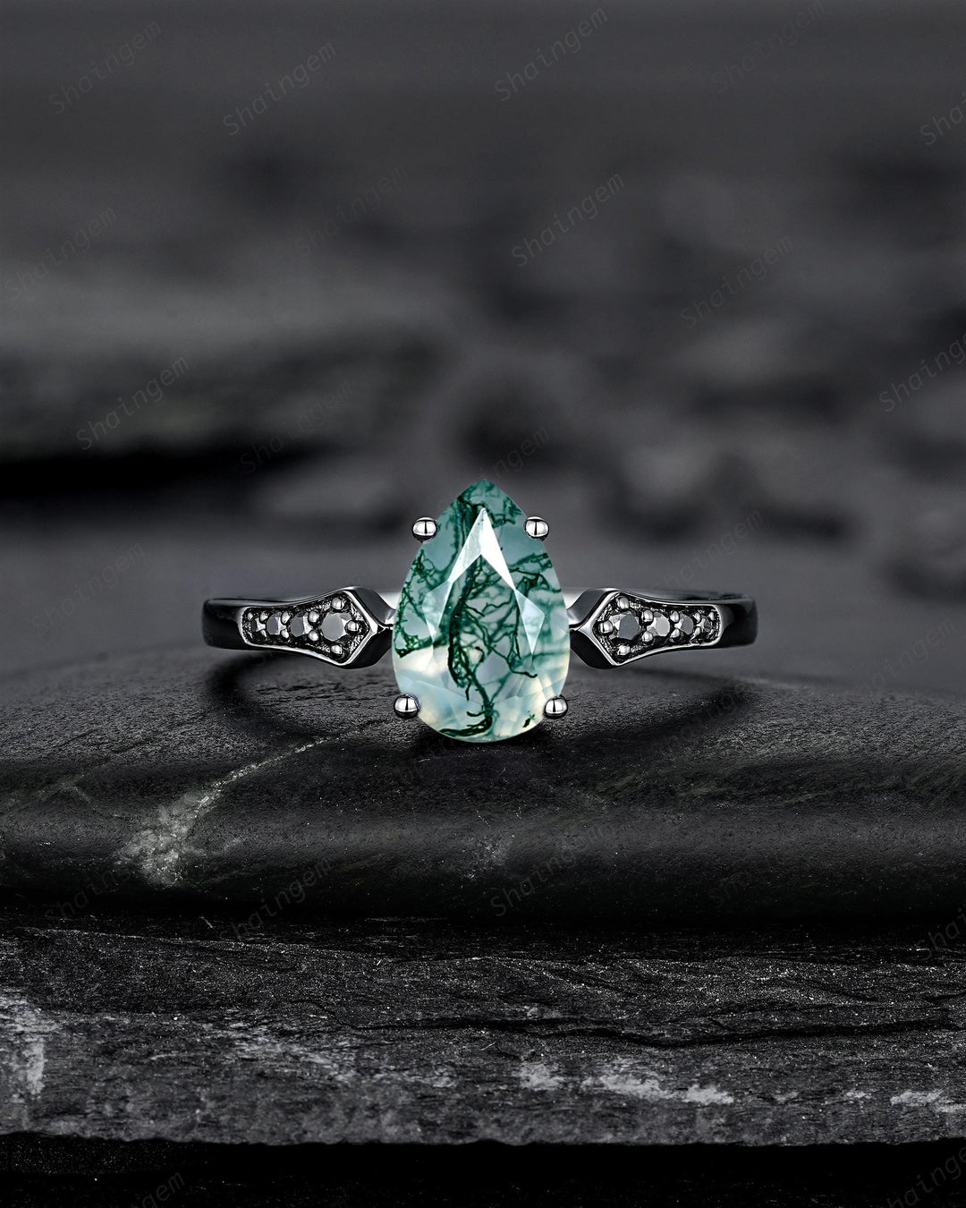 Pear Shape Moss Agate Engagement Ring Set, Gothic Black Rhodium Milgrain Promise Ring, Punk Wedding Ring, Black Gold Rings, V Shape Curved - ShainJewelry