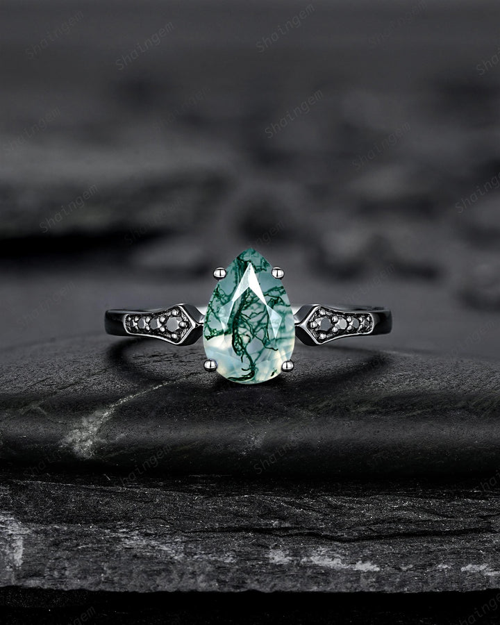Pear Shape Moss Agate Engagement Ring Set, Gothic Black Rhodium Milgrain Promise Ring, Punk Wedding Ring, Black Gold Rings, V Shape Curved - ShainJewelry