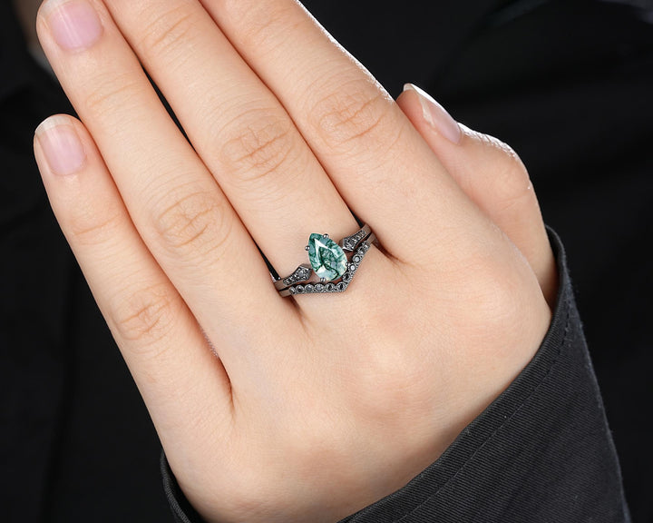 Pear Shape Moss Agate Engagement Ring Set, Gothic Black Rhodium Milgrain Promise Ring, Punk Wedding Ring, Black Gold Rings, V Shape Curved - ShainJewelry