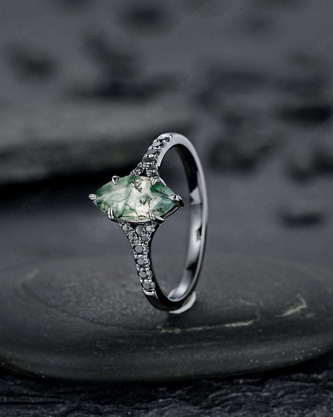 Gothic Marquise Cut Moss Agate Engagement Ring, Black Rhodium Promise Ring, Dark Wedding Ring, Half Eternity Black Gold Ring, Split Shank - ShainJewelry