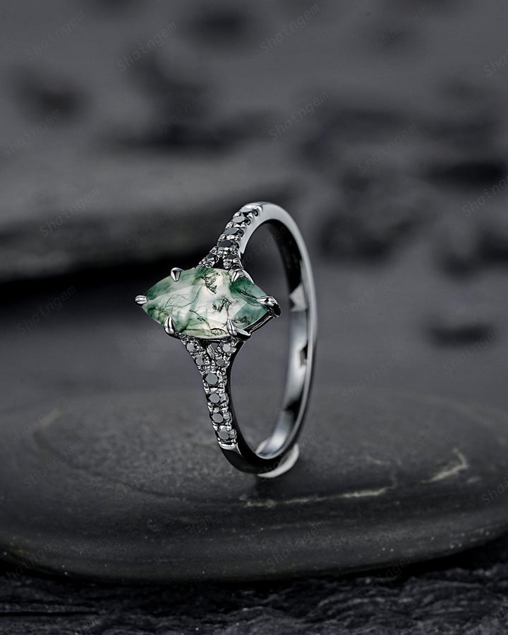 Gothic Marquise Cut Moss Agate Engagement Ring, Black Rhodium Promise Ring, Dark Wedding Ring, Half Eternity Black Gold Ring, Split Shank - ShainJewelry