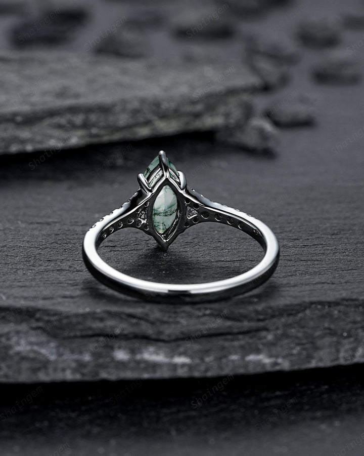 Gothic Marquise Cut Moss Agate Engagement Ring, Black Rhodium Promise Ring, Dark Wedding Ring, Half Eternity Black Gold Ring, Split Shank - ShainJewelry