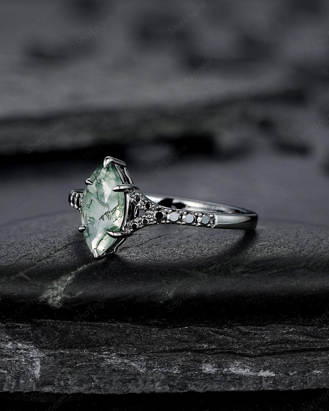 Gothic Marquise Cut Moss Agate Engagement Ring, Black Rhodium Promise Ring, Dark Wedding Ring, Half Eternity Black Gold Ring, Split Shank - ShainJewelry