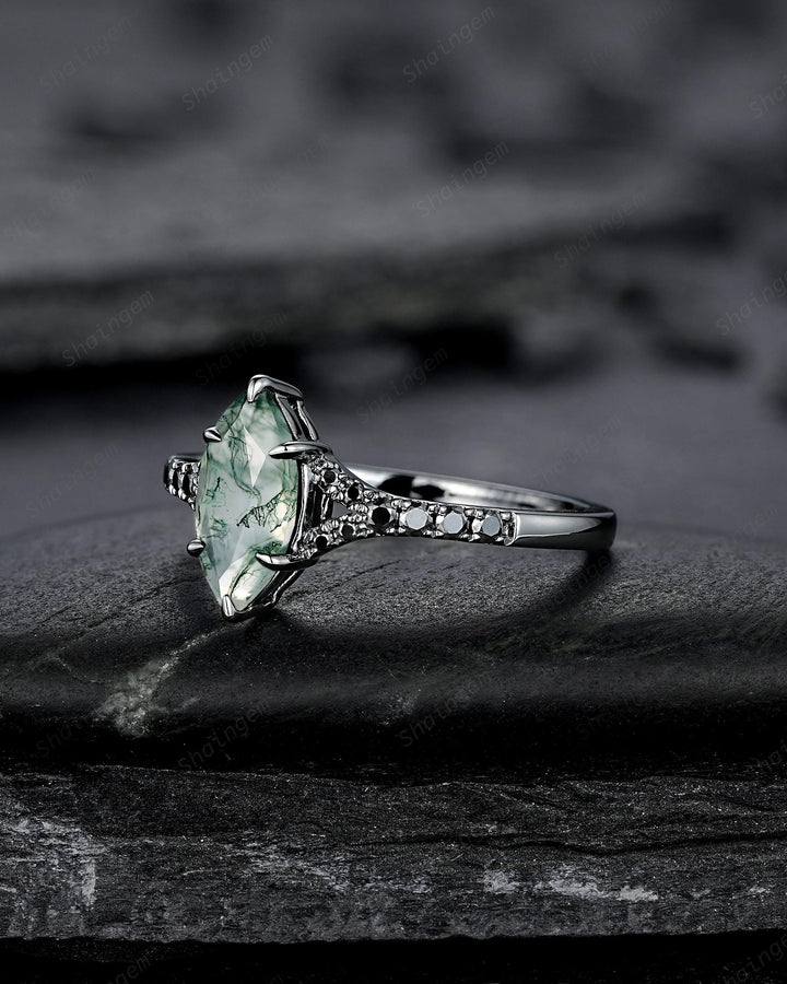Gothic Marquise Cut Moss Agate Engagement Ring, Black Rhodium Promise Ring, Dark Wedding Ring, Half Eternity Black Gold Ring, Split Shank - ShainJewelry