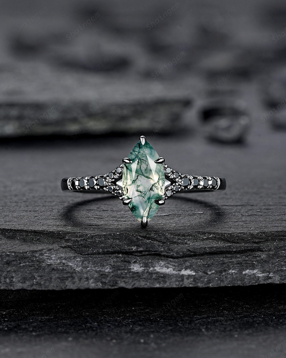 Gothic Marquise Cut Moss Agate Engagement Ring, Black Rhodium Promise Ring, Dark Wedding Ring, Half Eternity Black Gold Ring, Split Shank - ShainJewelry