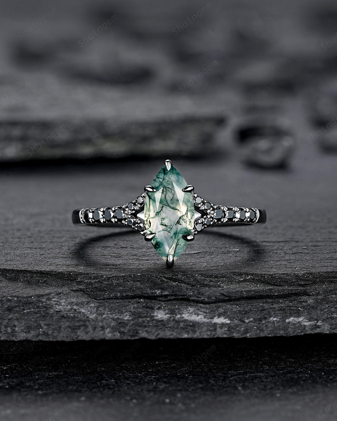 Gothic Marquise Cut Moss Agate Engagement Ring, Black Rhodium Promise Ring, Dark Wedding Ring, Half Eternity Black Gold Ring, Split Shank - ShainJewelry