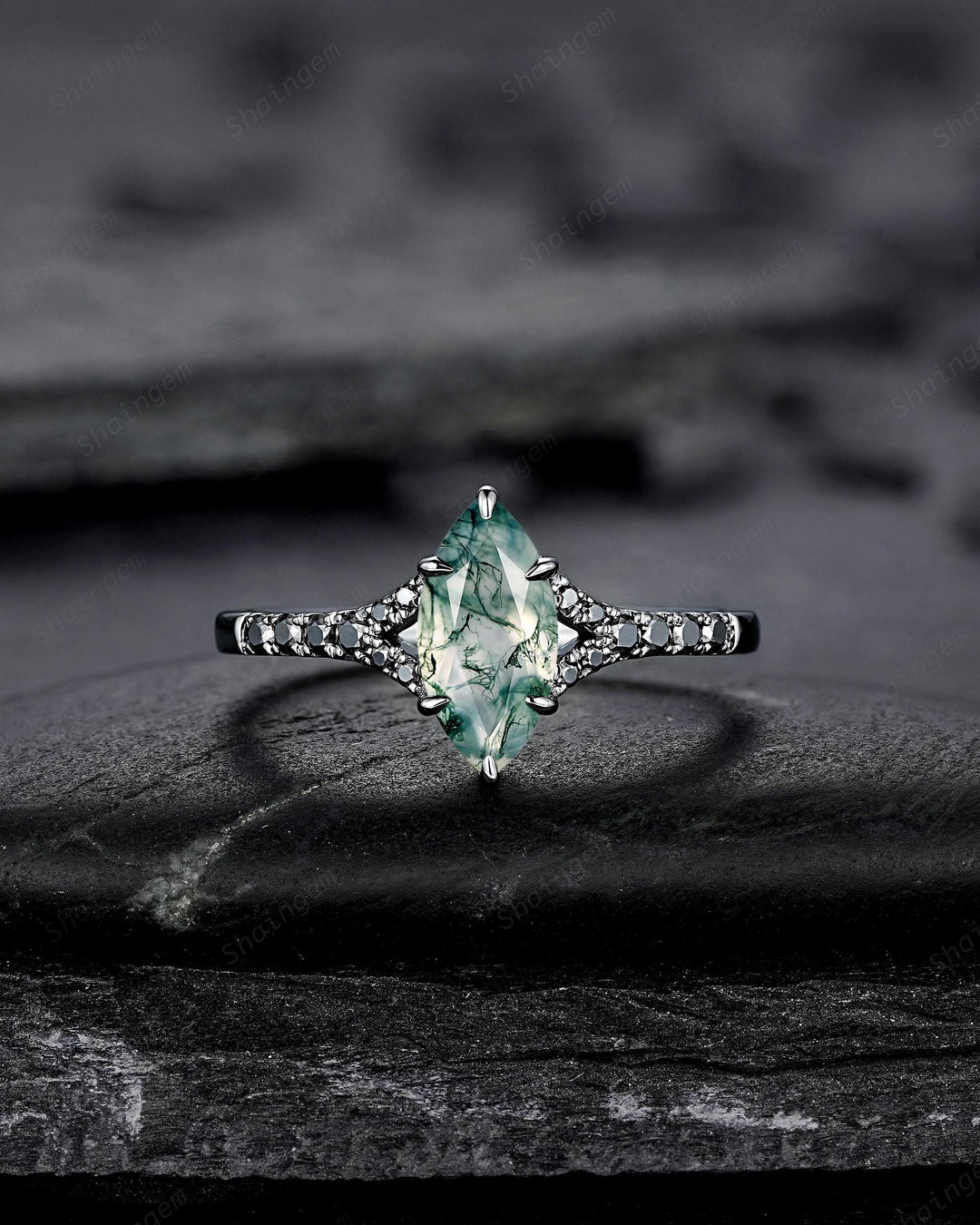 Gothic Marquise Cut Moss Agate Engagement Ring, Black Rhodium Promise Ring, Dark Wedding Ring, Half Eternity Black Gold Ring, Split Shank - ShainJewelry