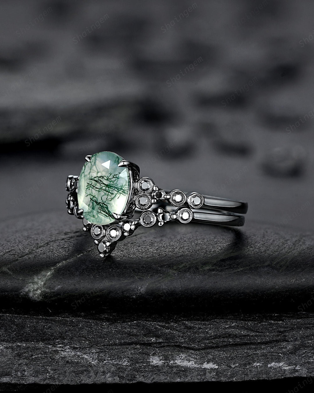 Gothic Oval Shape Moss Agate Engagement Ring Set, Black Rhodium Promise Ring, Punk Wedding Ring, Black Gold V Shape Curved Half Eternity - ShainJewelry