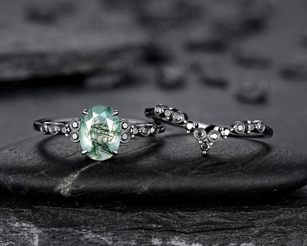 Gothic Oval Shape Moss Agate Engagement Ring Set, Black Rhodium Promise Ring, Punk Wedding Ring, Black Gold V Shape Curved Half Eternity - ShainJewelry