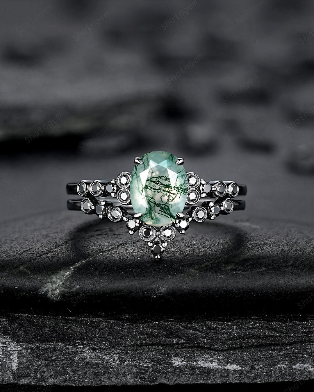 Gothic Oval Shape Moss Agate Engagement Ring Set, Black Rhodium Promise Ring, Punk Wedding Ring, Black Gold V Shape Curved Half Eternity - ShainJewelry