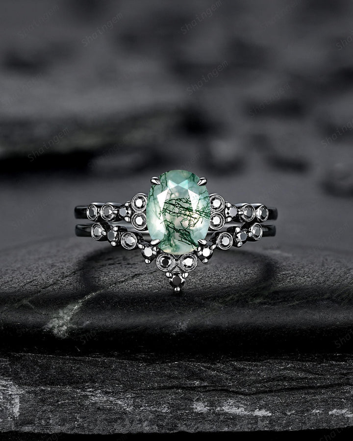 Gothic Oval Shape Moss Agate Engagement Ring Set, Black Rhodium Promise Ring, Punk Wedding Ring, Black Gold V Shape Curved Half Eternity - ShainJewelry