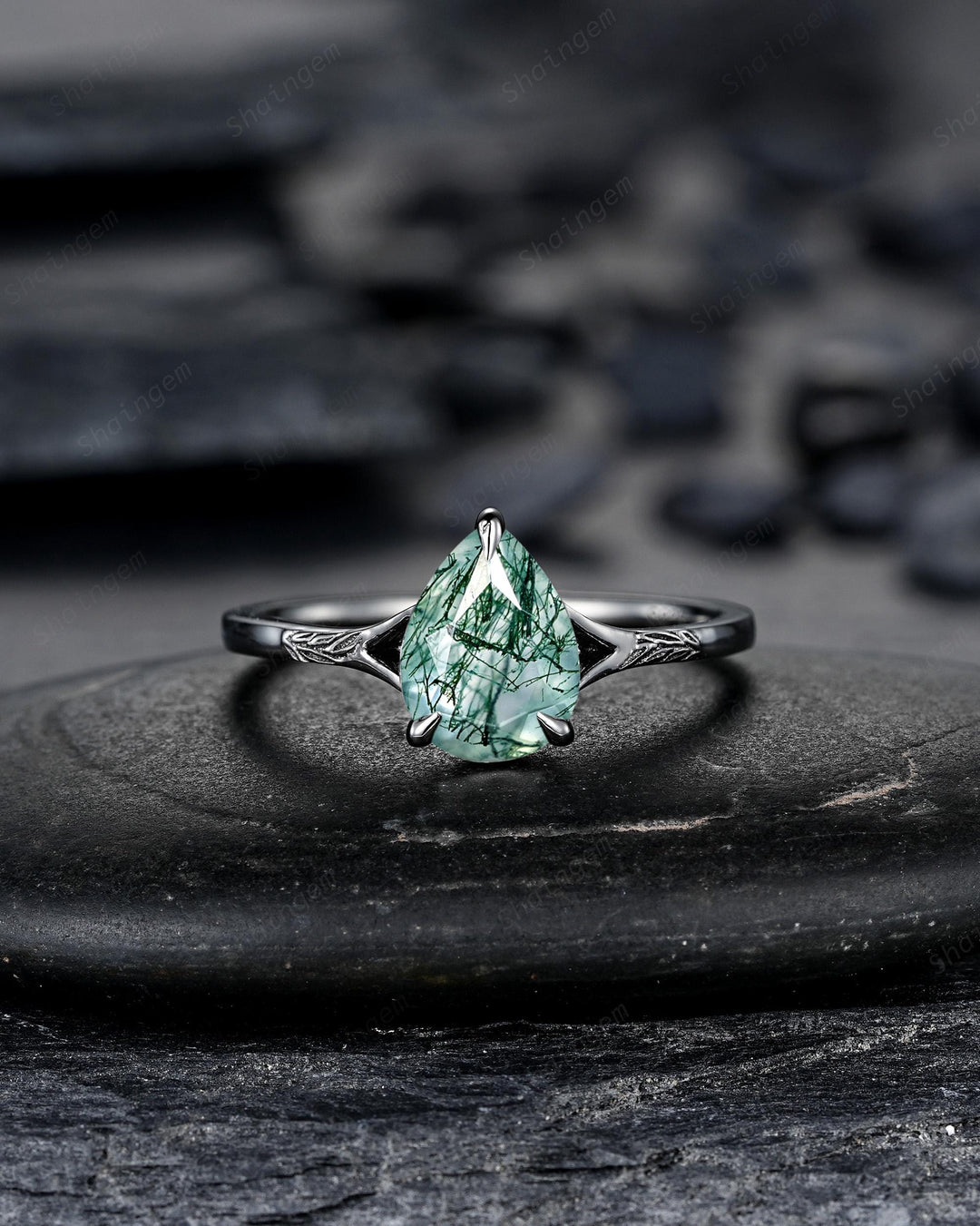 Gothic Pear Shape Moss Agate Leaf Engagement Ring Set, Goth Black Rhodium Promise Ring Punk Black Gold V Shape Curved Solitaire Wedding Ring - ShainJewelry