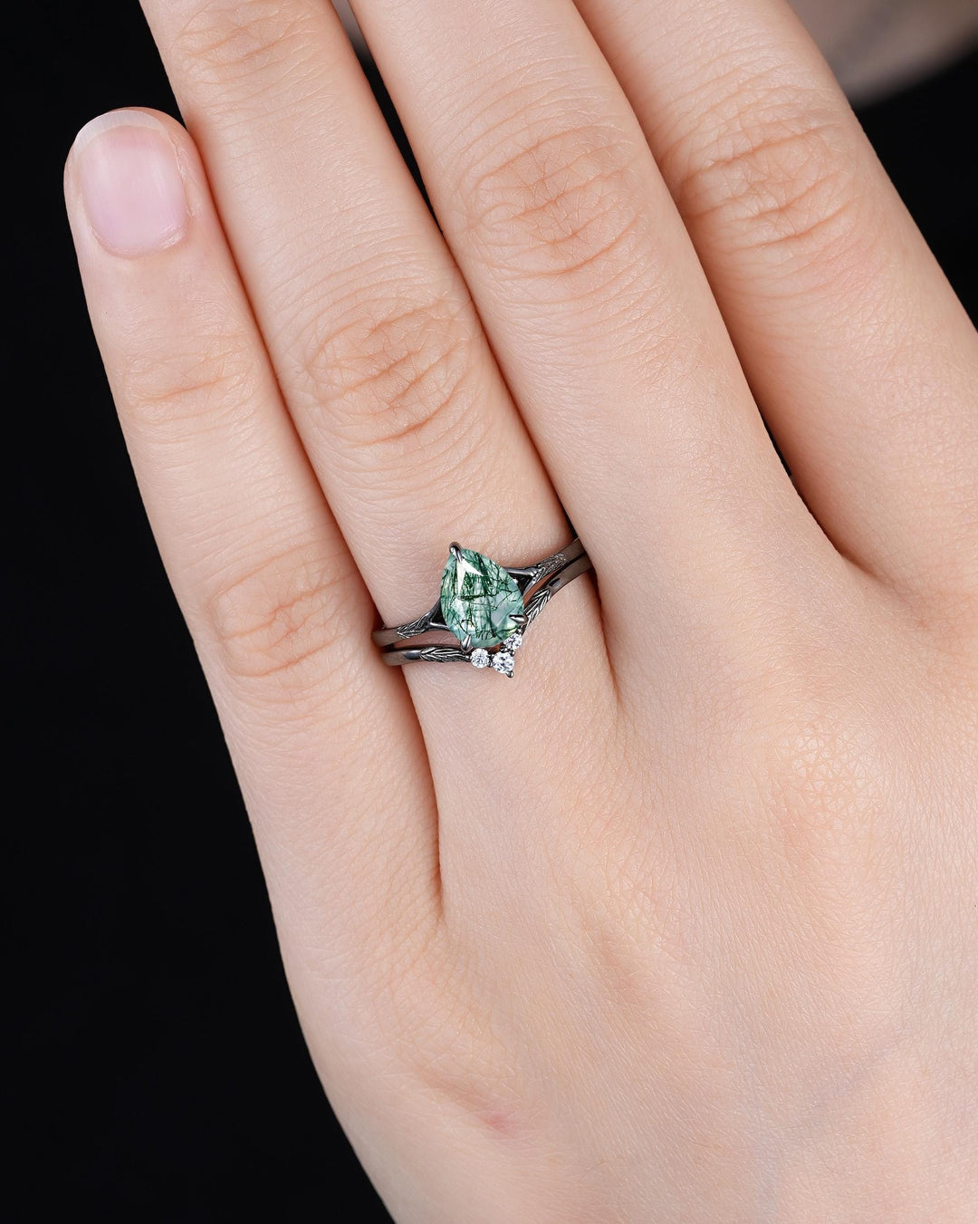 Gothic Pear Shape Moss Agate Leaf Engagement Ring Set, Goth Black Rhodium Promise Ring Punk Black Gold V Shape Curved Solitaire Wedding Ring - ShainJewelry