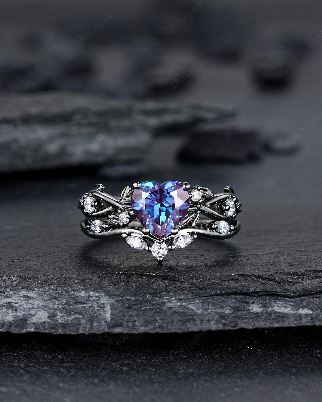 Gothic Black Gold Heart Shape Alexandrite Engagement Ring Set, Rhodium Black Love Promise Ring, Witchy Twig Branch Promise Anniversary Ring - ShainJewelry