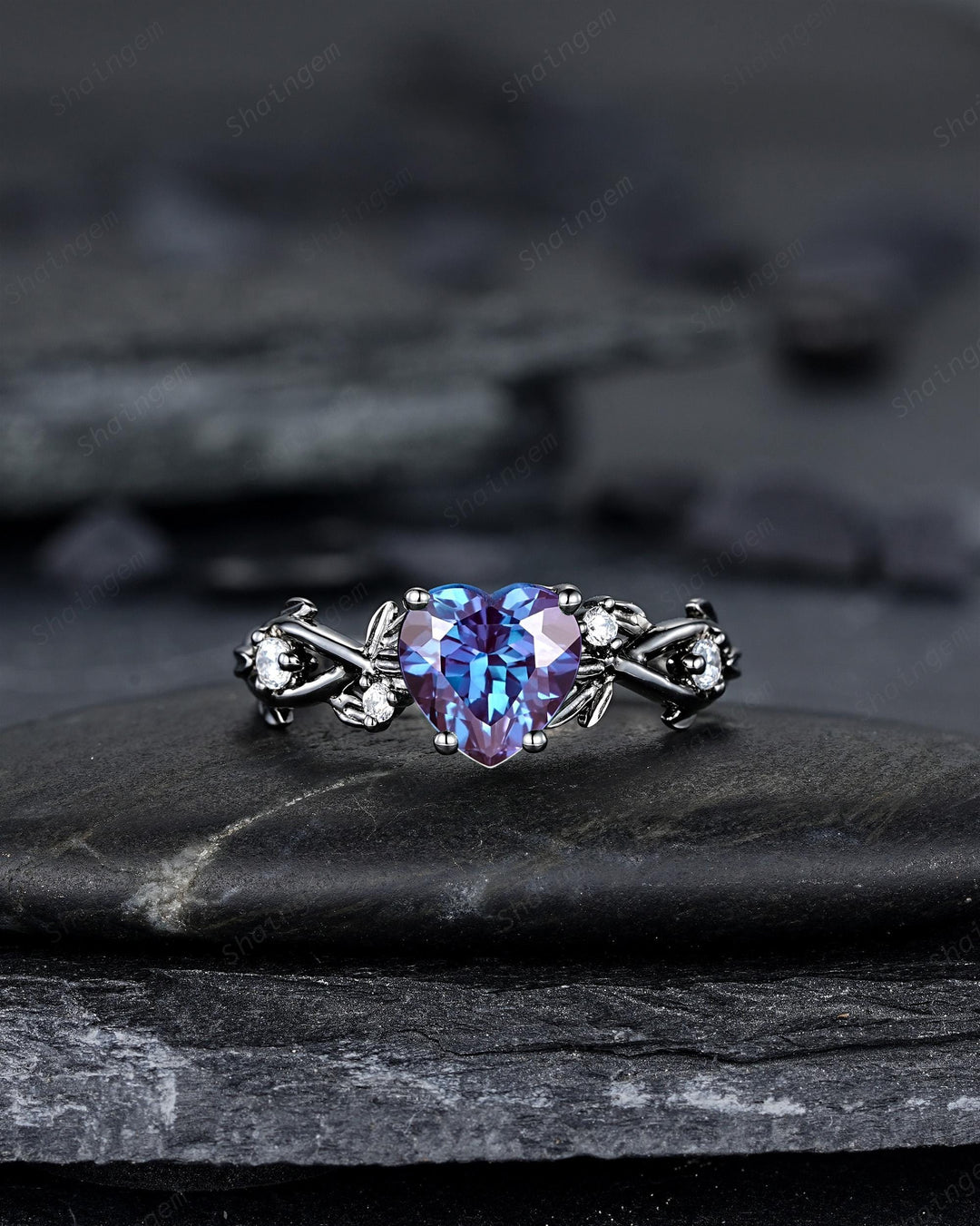 Gothic Black Gold Heart Shape Alexandrite Engagement Ring Set, Rhodium Black Love Promise Ring, Witchy Twig Branch Promise Anniversary Ring - ShainJewelry