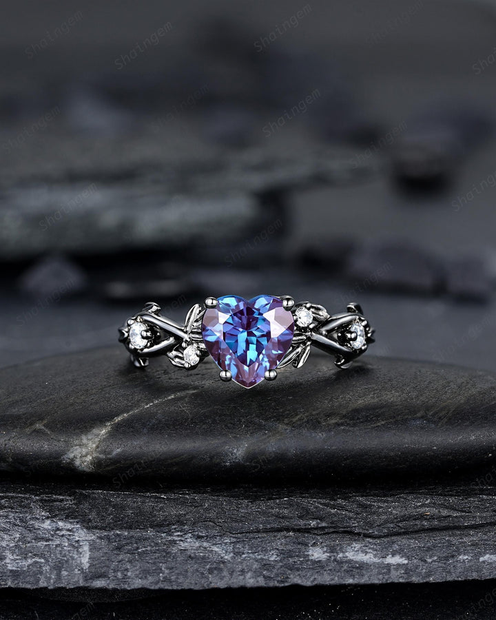 Gothic Black Gold Heart Shape Alexandrite Engagement Ring Set, Rhodium Black Love Promise Ring, Witchy Twig Branch Promise Anniversary Ring - ShainJewelry