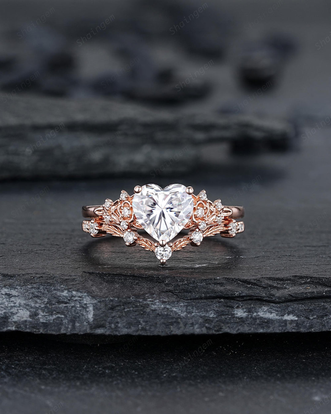 Vintage Heart Shape Moissanite Floral Engagement Ring, Rose Gold Leaf Wedding Set, Nature Inspired Flower Promise Ring, Twig Branch Rings - ShainJewelry