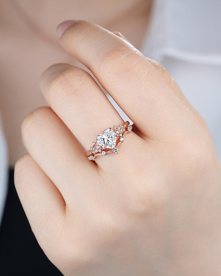 Vintage Heart Shape Moissanite Floral Engagement Ring, Rose Gold Leaf Wedding Set, Nature Inspired Flower Promise Ring, Twig Branch Rings - ShainJewelry
