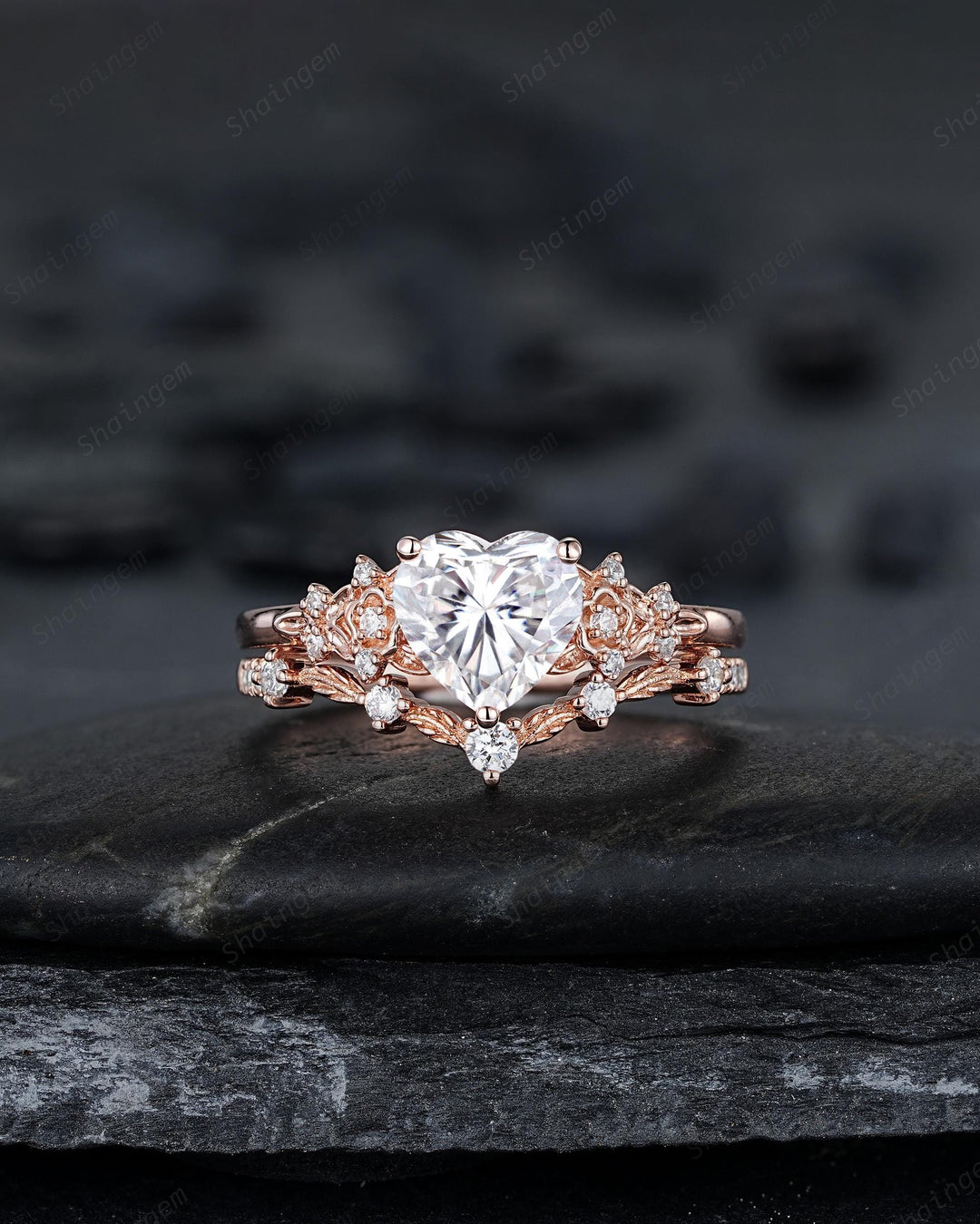 Vintage Heart Shape Moissanite Floral Engagement Ring, Rose Gold Leaf Wedding Set, Nature Inspired Flower Promise Ring, Twig Branch Rings - ShainJewelry