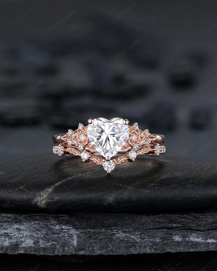 Vintage Heart Shape Moissanite Floral Engagement Ring, Rose Gold Leaf Wedding Set, Nature Inspired Flower Promise Ring, Twig Branch Rings - ShainJewelry