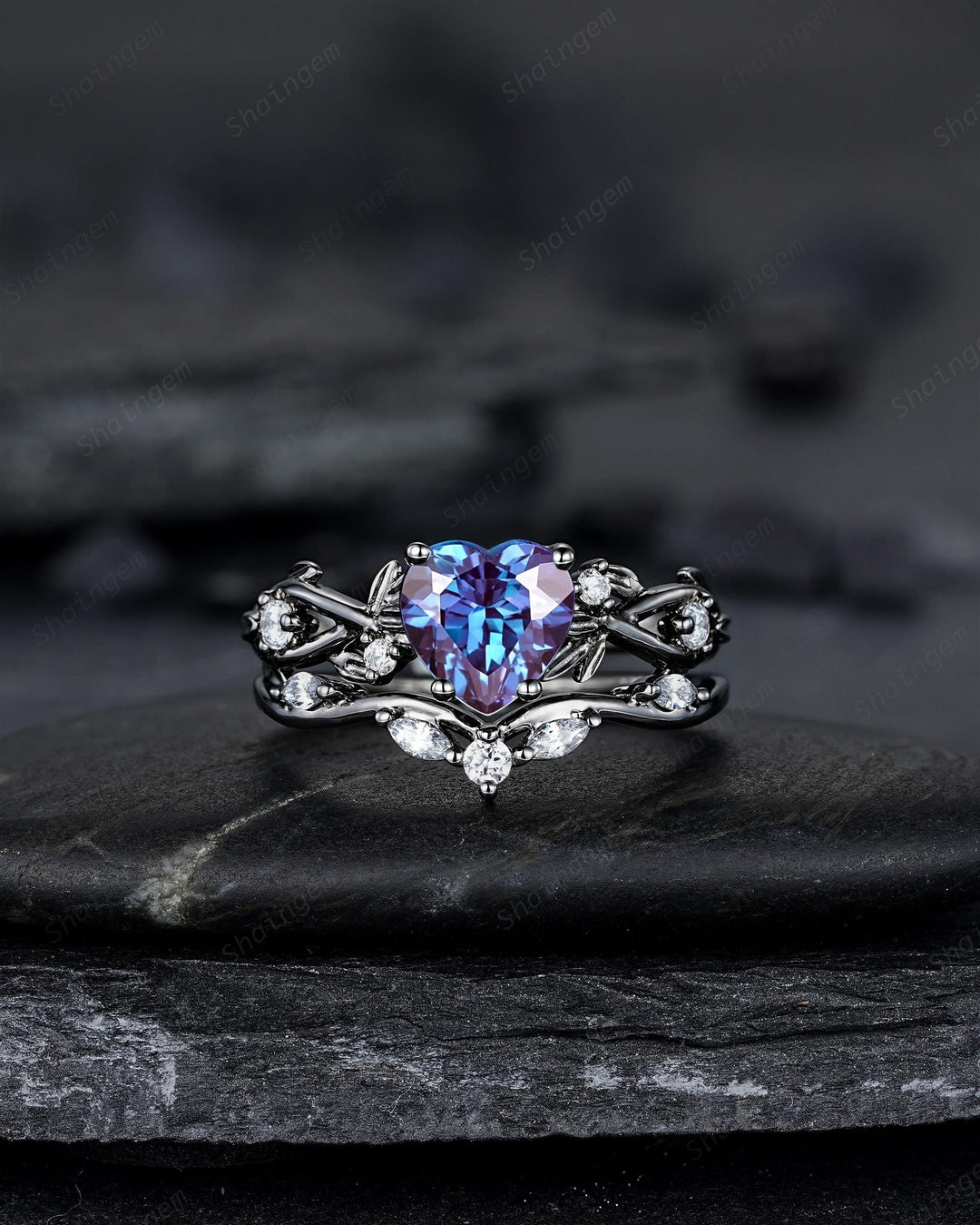 Gothic Black Gold Heart Shape Alexandrite Engagement Ring Set, Rhodium Black Love Promise Ring, Witchy Twig Branch Promise Anniversary Ring - ShainJewelry