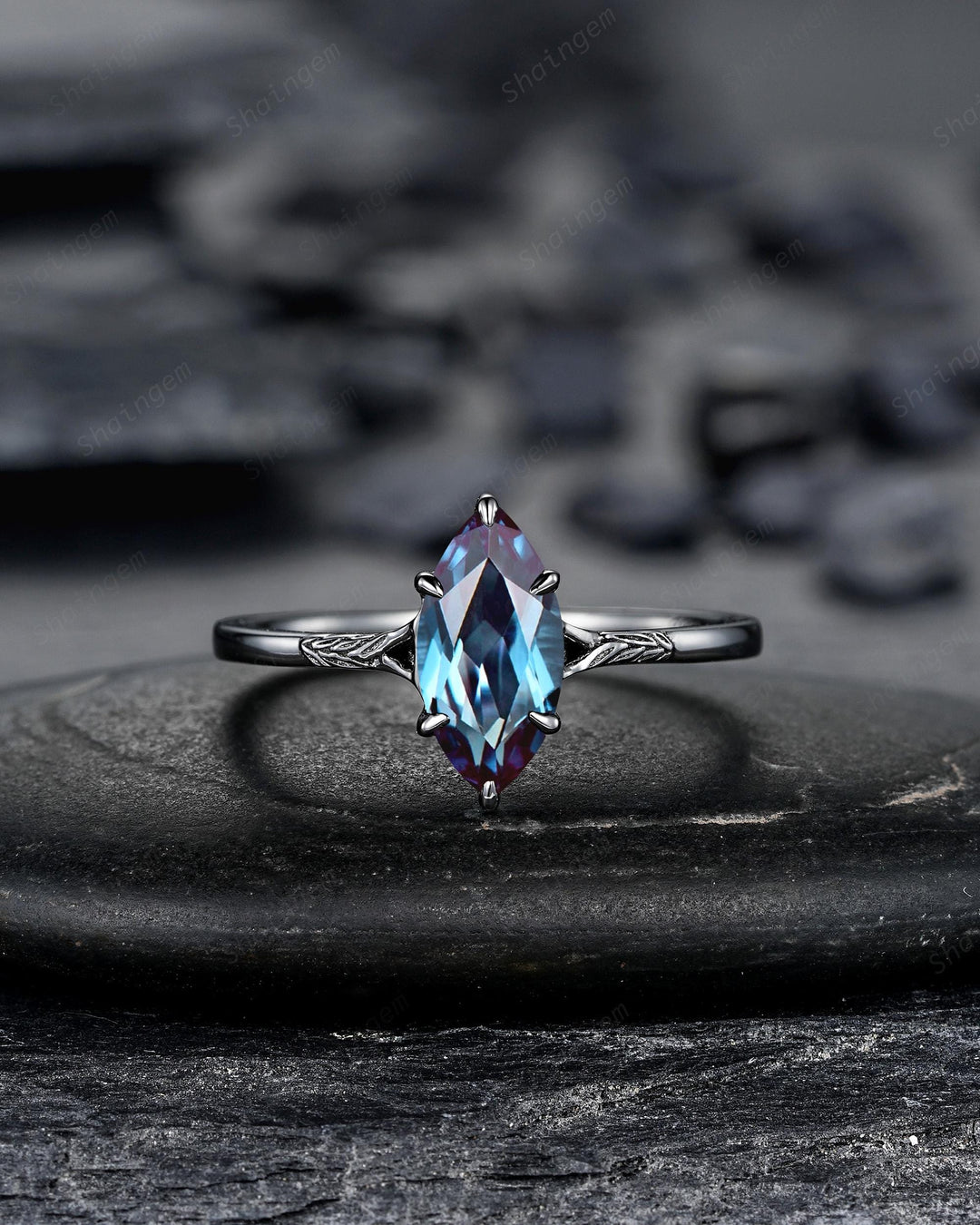 3PCS Marquise Cut Alexandrite Engagement Ring Set, Gothic Bridal Set, Black Rhodium Wedding Set, Black Promise Ring, June Birthstone - ShainJewelry