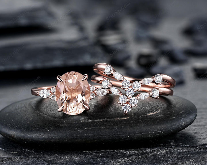 Oval Shape Pink Morganite Engagement Ring Set, Vintage 10K 14K 18K Rose Gold Bridal Set, Unique Wedding Set Promise Ring, Platinum Rings - ShainJewelry