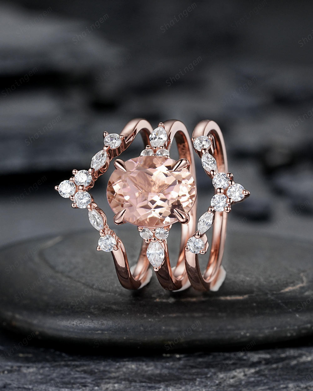 Oval Shape Pink Morganite Engagement Ring Set, Vintage 10K 14K 18K Rose Gold Bridal Set, Unique Wedding Set Promise Ring, Platinum Rings - ShainJewelry