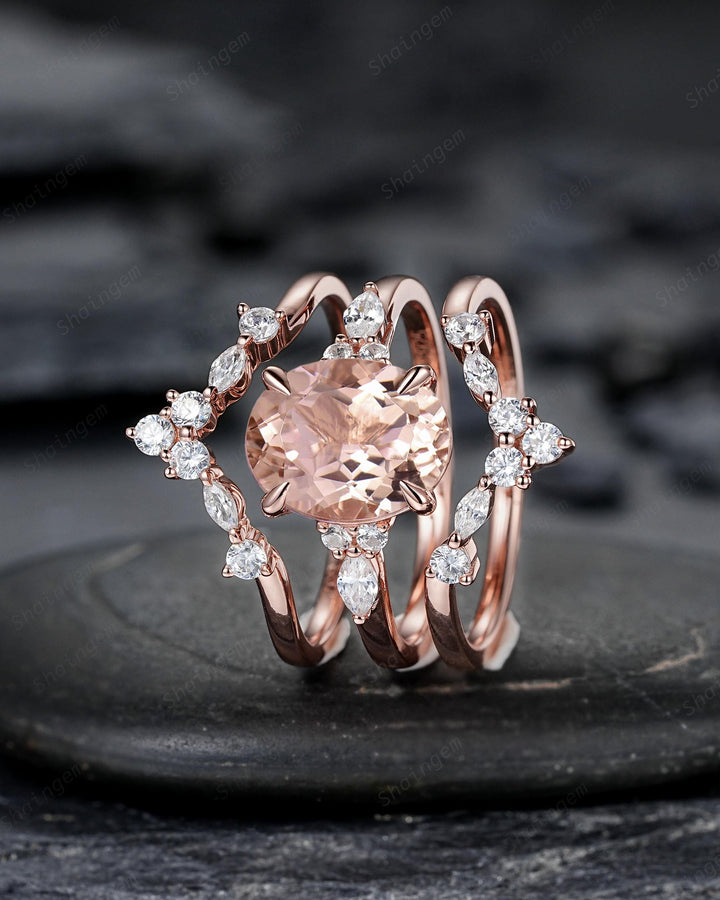 Oval Shape Pink Morganite Engagement Ring Set, Vintage 10K 14K 18K Rose Gold Bridal Set, Unique Wedding Set Promise Ring, Platinum Rings - ShainJewelry